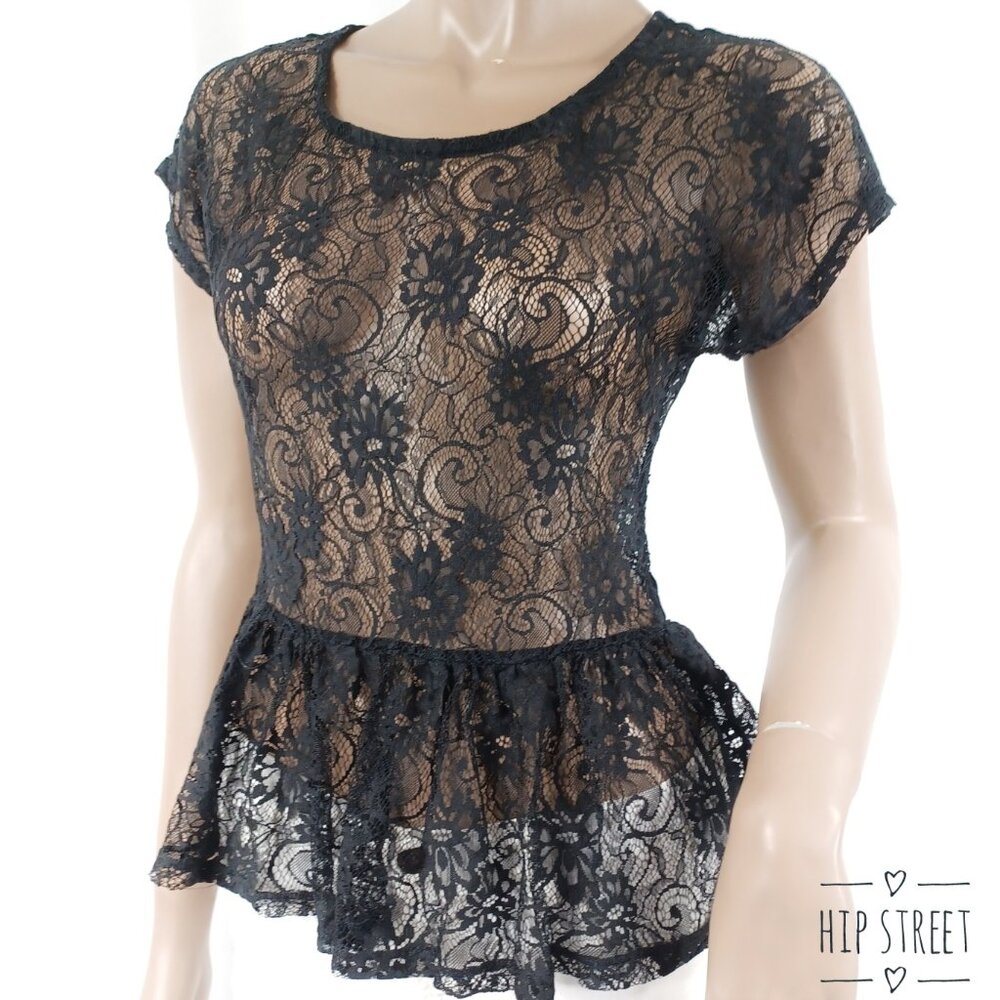 RANSOM Sheer Stretch Lace Short Sleeve Peplum Blouse Top S